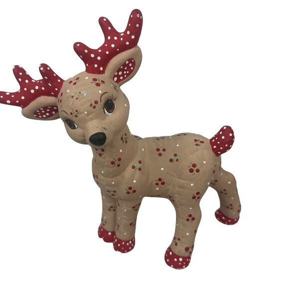Set Of 6 Handcrafted Ceramic Reindeer Figurines Red Antlers & Floral Vintage - Picture 2 of 16